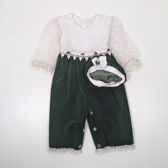 Vintage Outfit Girls Size 24m Green Velvet Christmas Lace Romper Beret - Picture 1 of 8